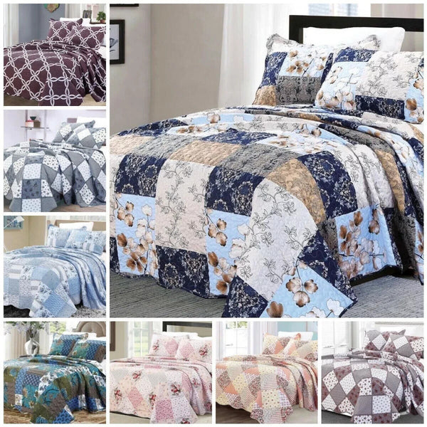 3 Piece Quilted Patchwork Bedspread Printed Comforter Throw Set