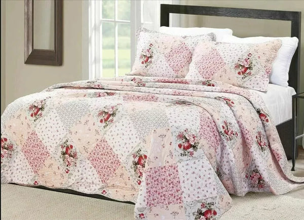 3-Piece Quilted Patchwork Bedspread Set - Double Size Comforter Throw with Pillowcases