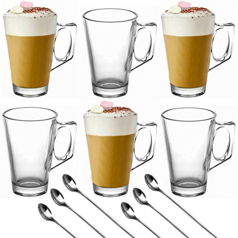 Latte Glasses 240ml Tea Coffee Cappuccino Hot Chocolate Glass Cups Mugs  spoons